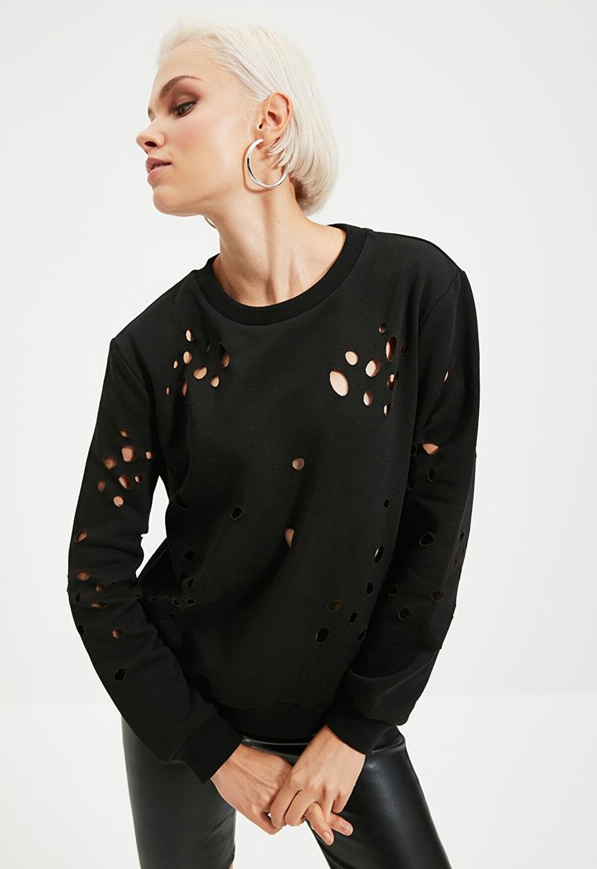 Trendyol - Laser cut detailed knitted thin sweatshirt - black