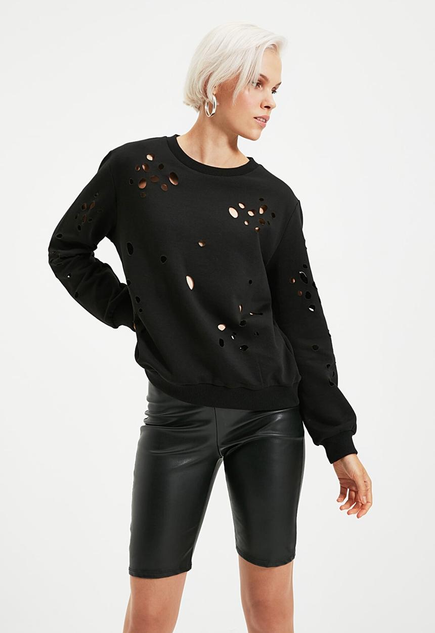 Trendyol - Laser cut detailed knitted thin sweatshirt - black