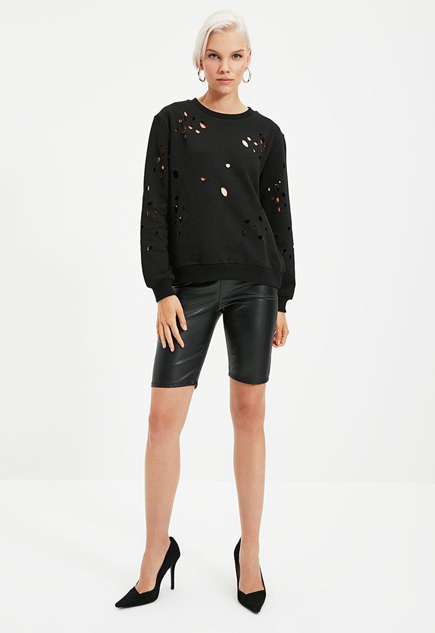 Trendyol - Laser cut detailed knitted thin sweatshirt - black