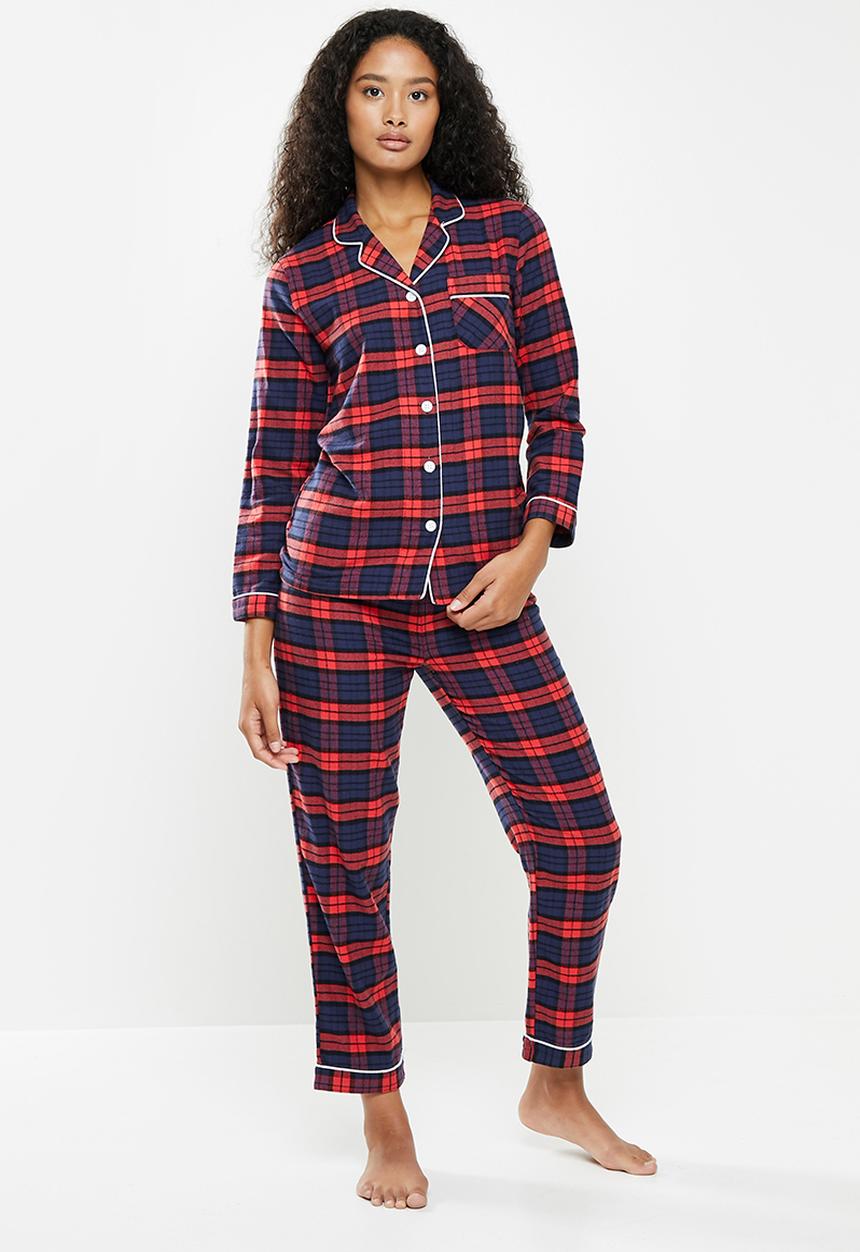 dailyfriday - Check flannel sleep shirt & pants set - red & navy 