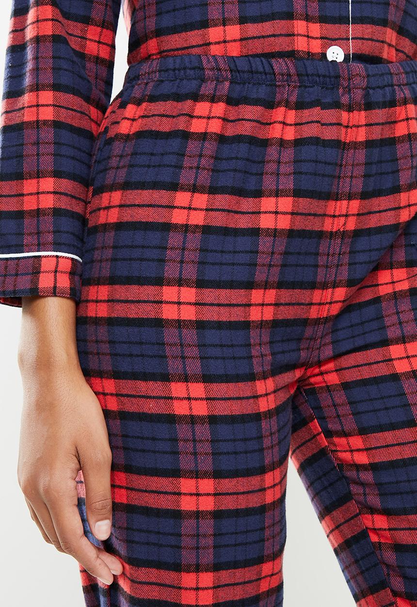 dailyfriday - Check flannel sleep shirt & pants set - red & navy 