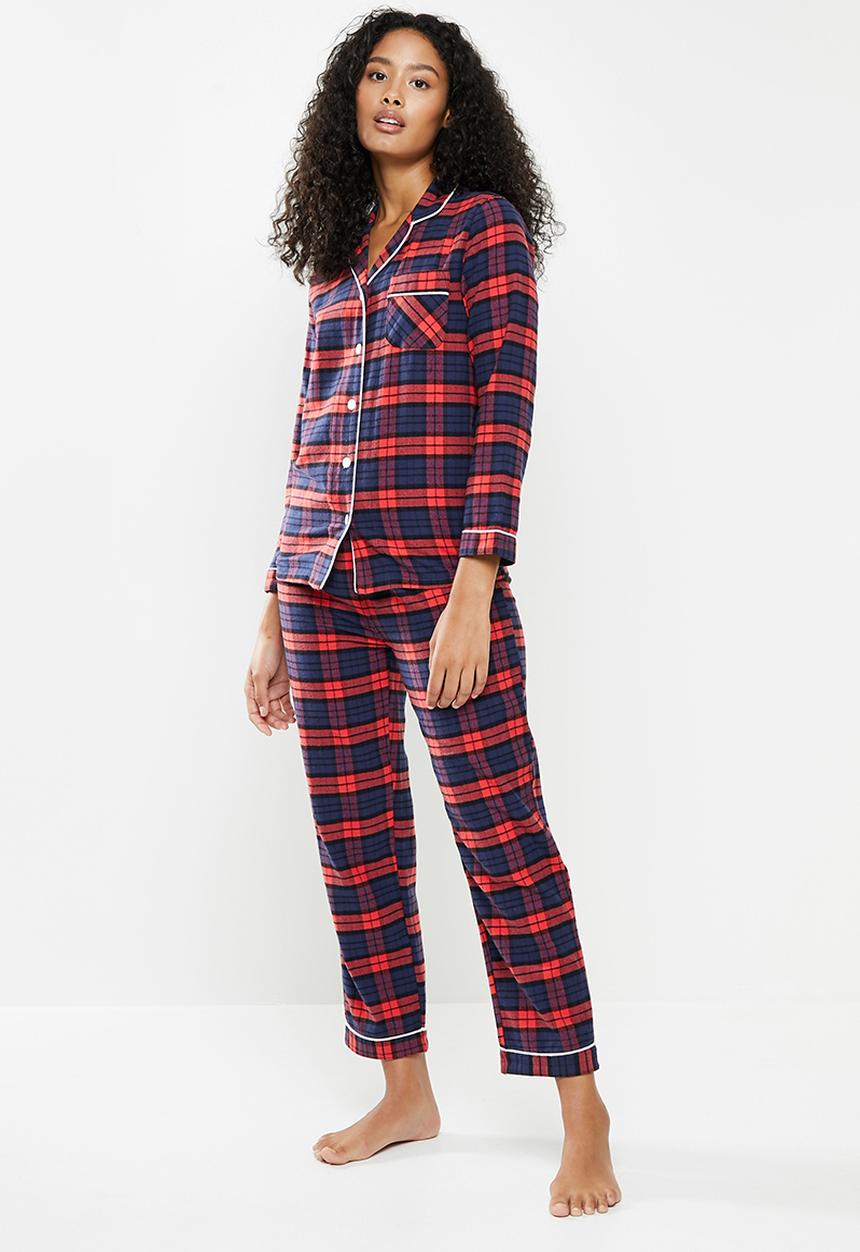 dailyfriday - Check flannel sleep shirt & pants set - red & navy 