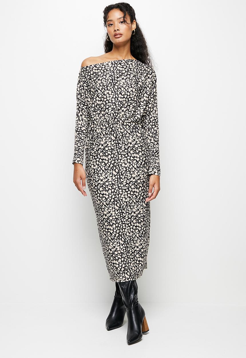 MILLA - Slash neck bodycon dress - black & ecru