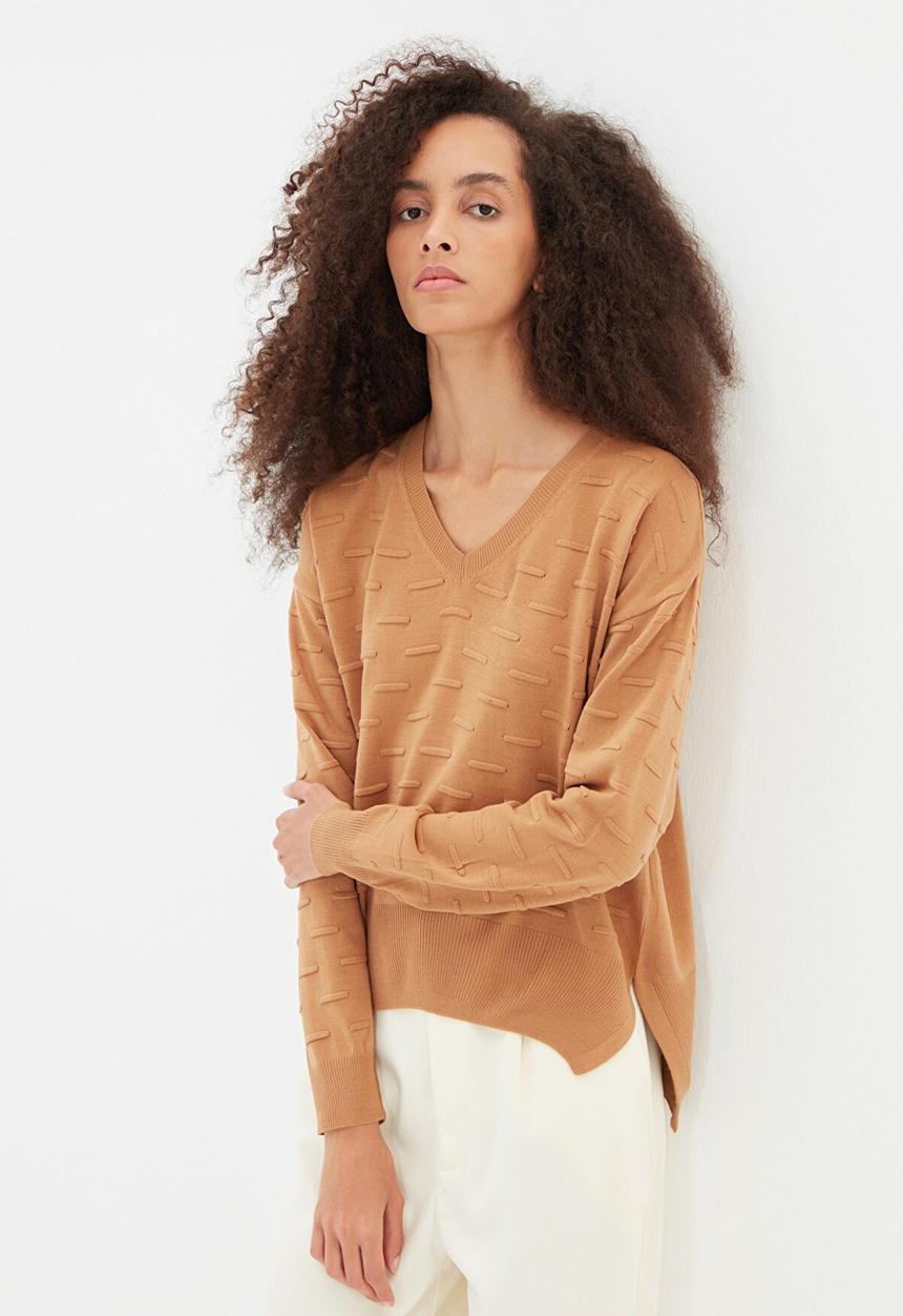 Trendyol - Knitted detailed knitwear sweater - camel