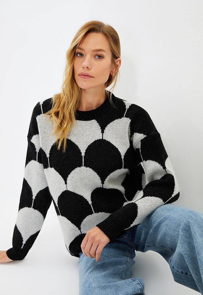 Trendyol - Oversize jacquard knitwear sweater - ecru/black