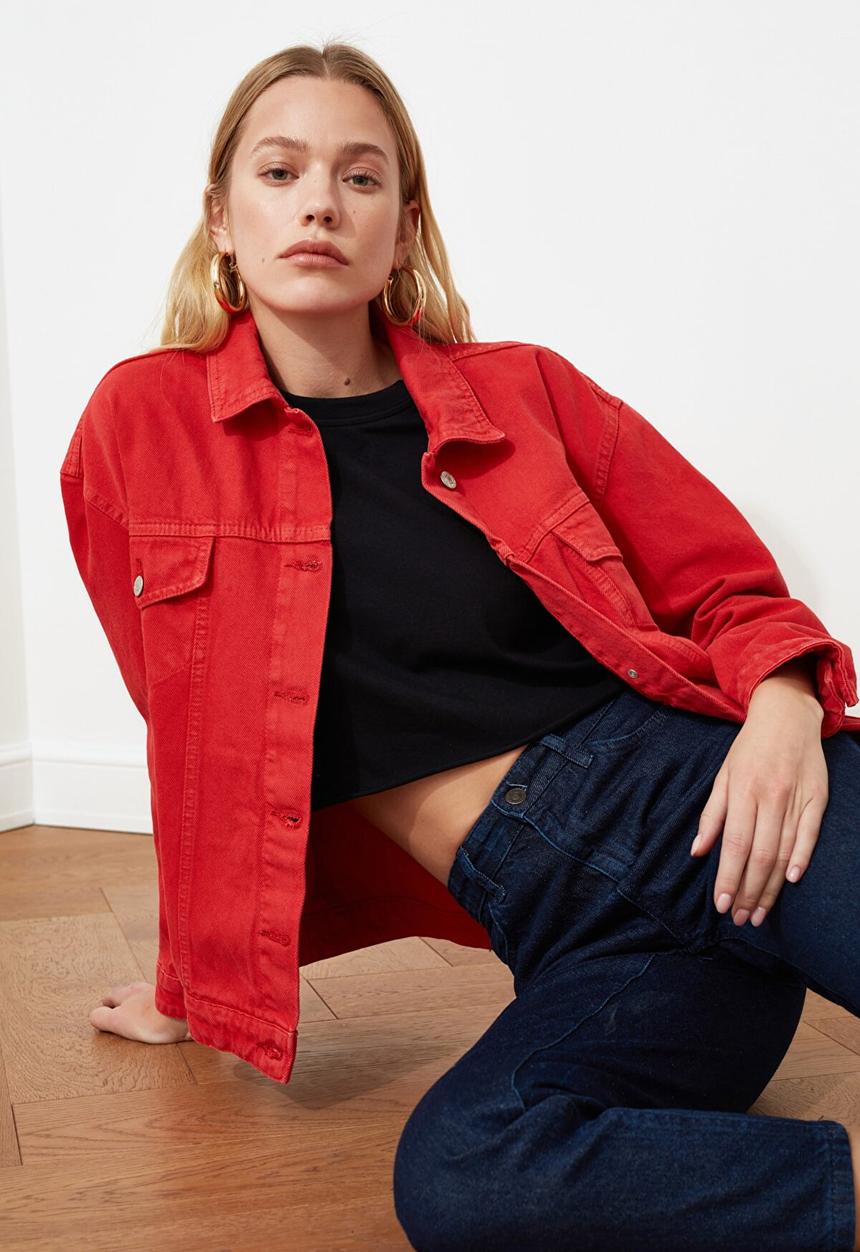 Trendyol - Basic denim jacket - red