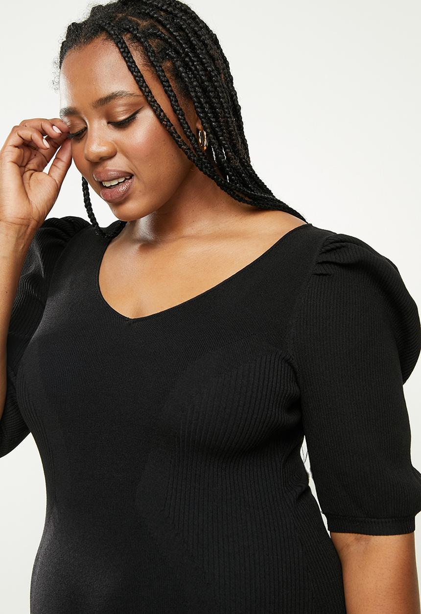Glamorous - Plus size black puff sleeve dress - black 