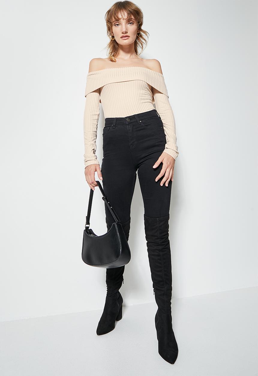 VELVET - Roll over ribbed bardot top - stone