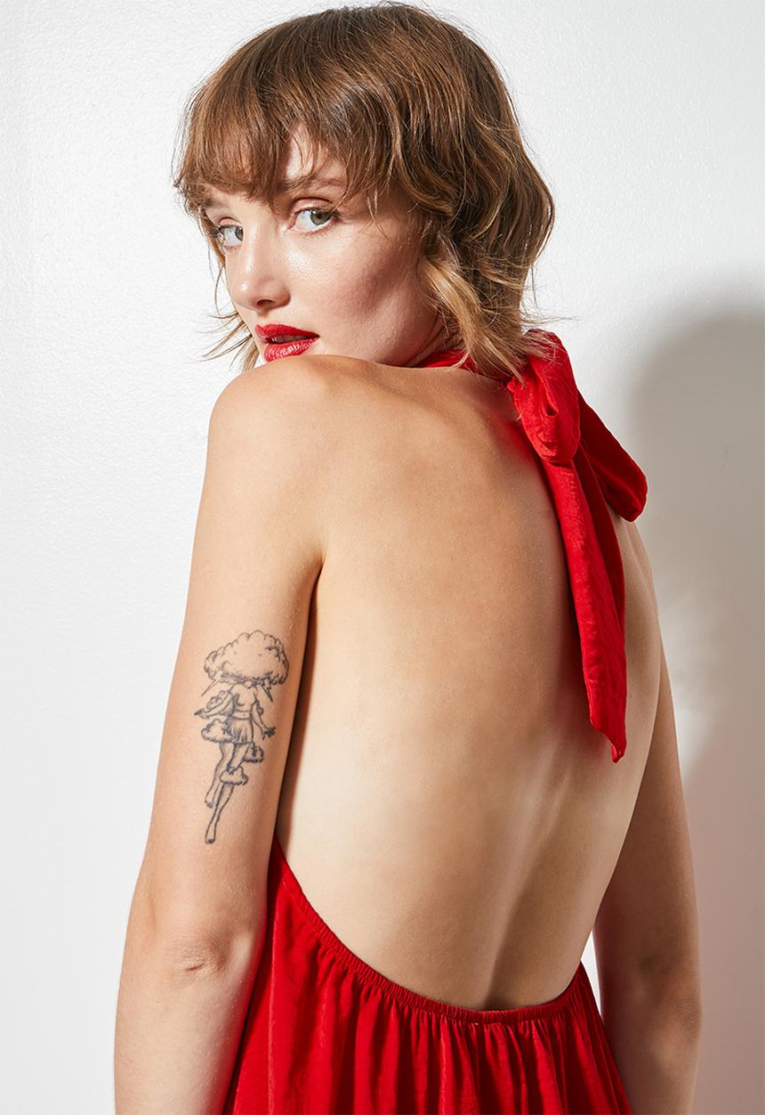 VELVET - Satin halter tie back neck mini trapeze - red