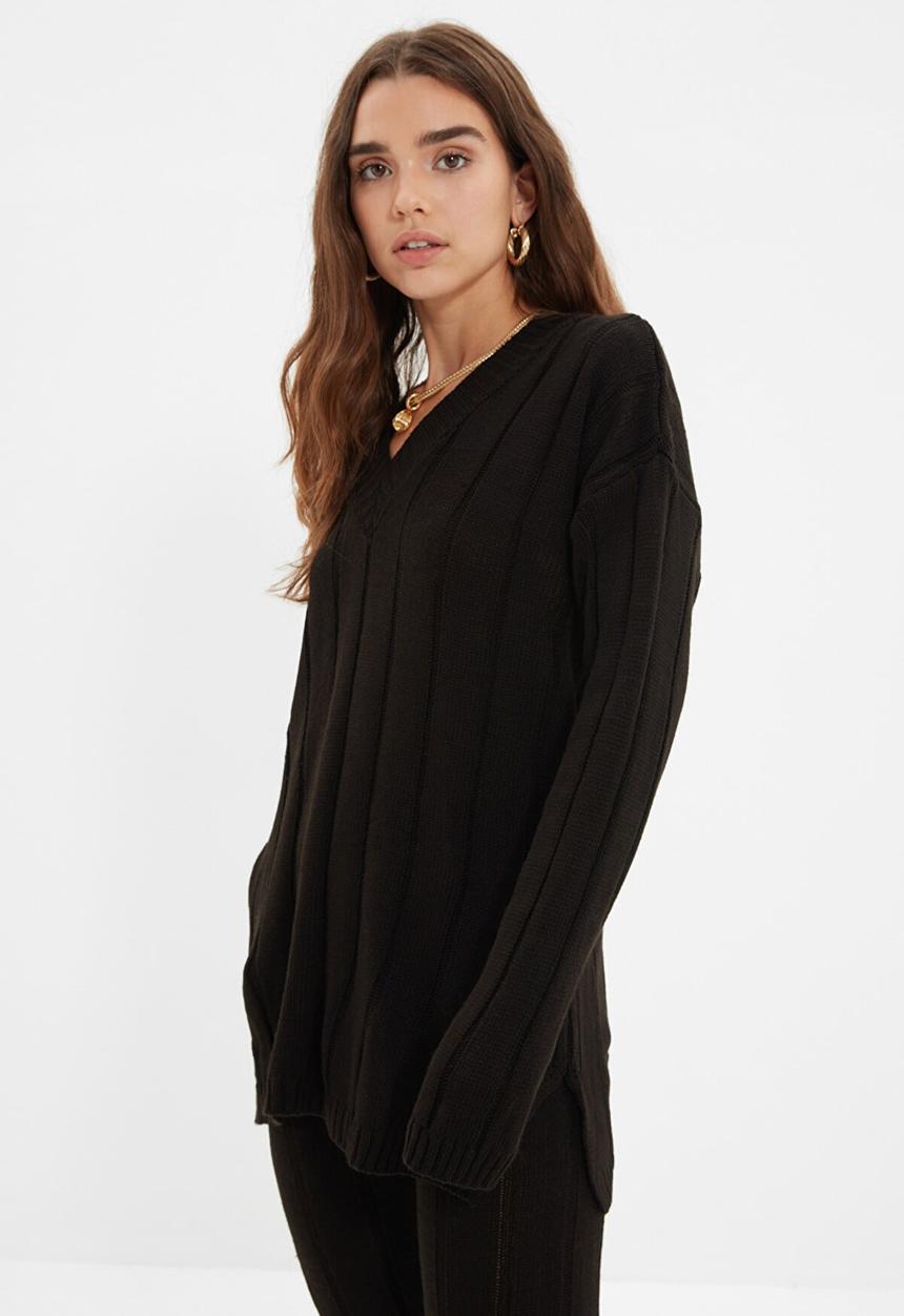 Trendyol - V neck knitwear bottom-top suit  - black