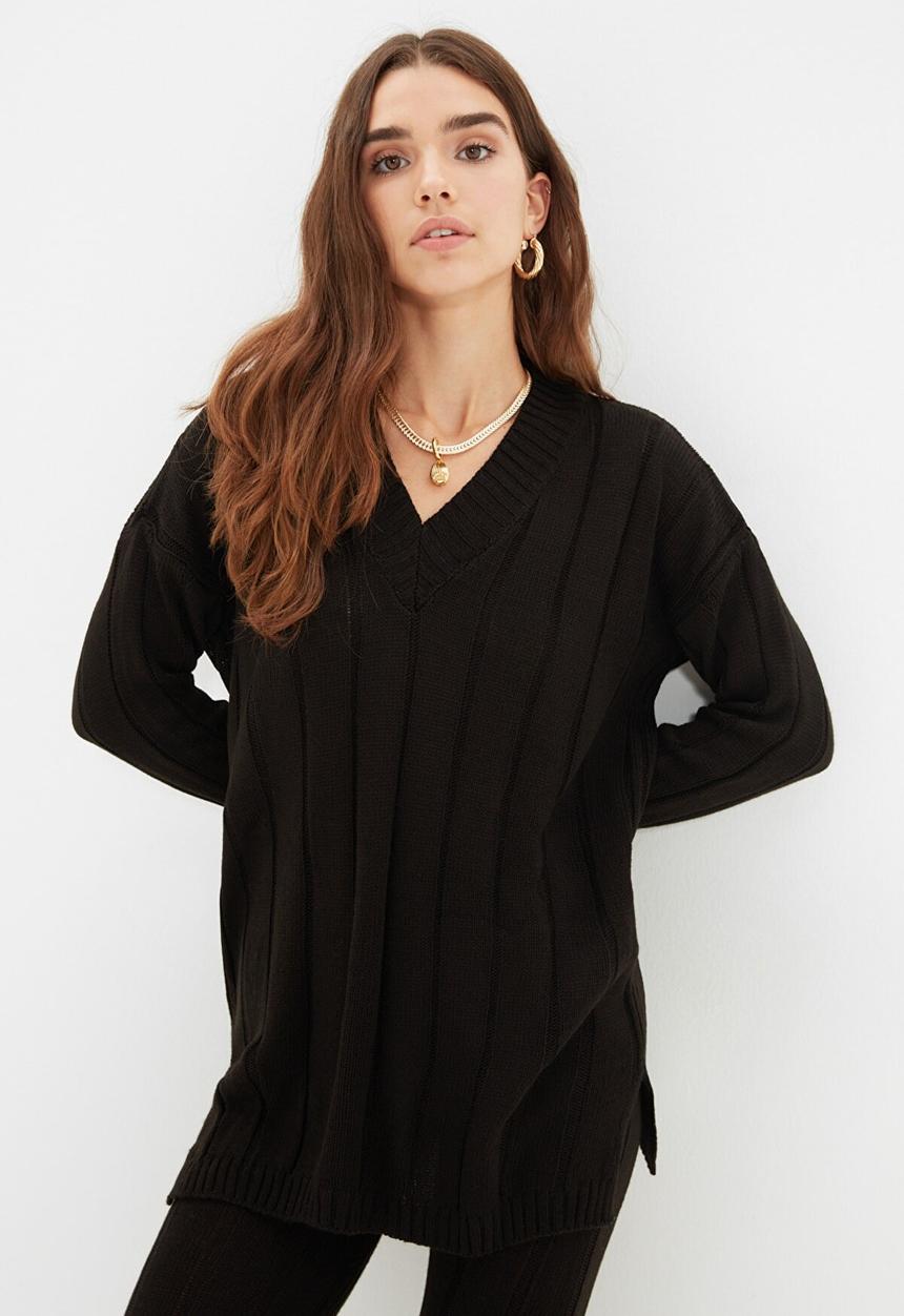 Trendyol - V neck knitwear bottom-top suit  - black