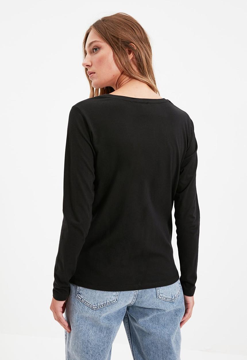 Trendyol - Long sleeve v neck basic t-shirt - black