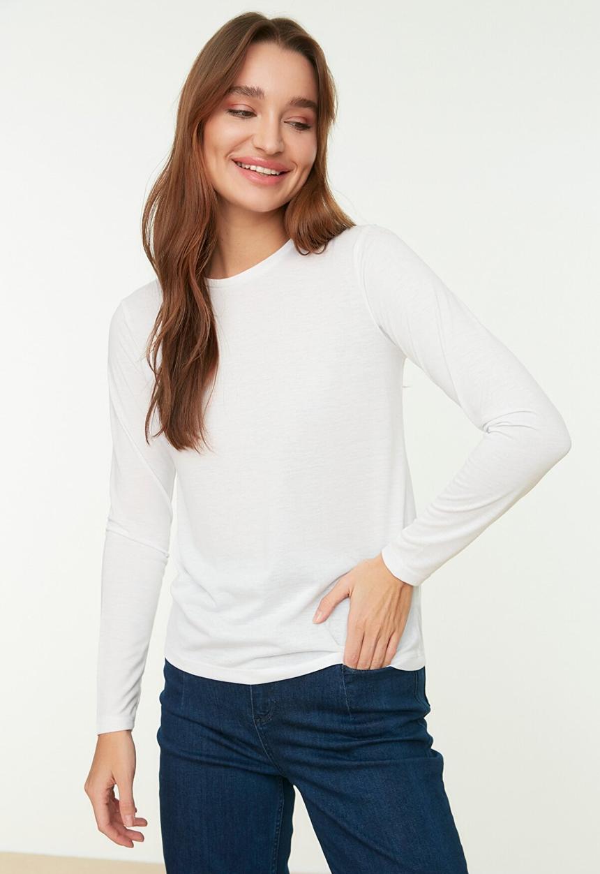 Trendyol - Long sleeve crew neck basic t-shirt - white