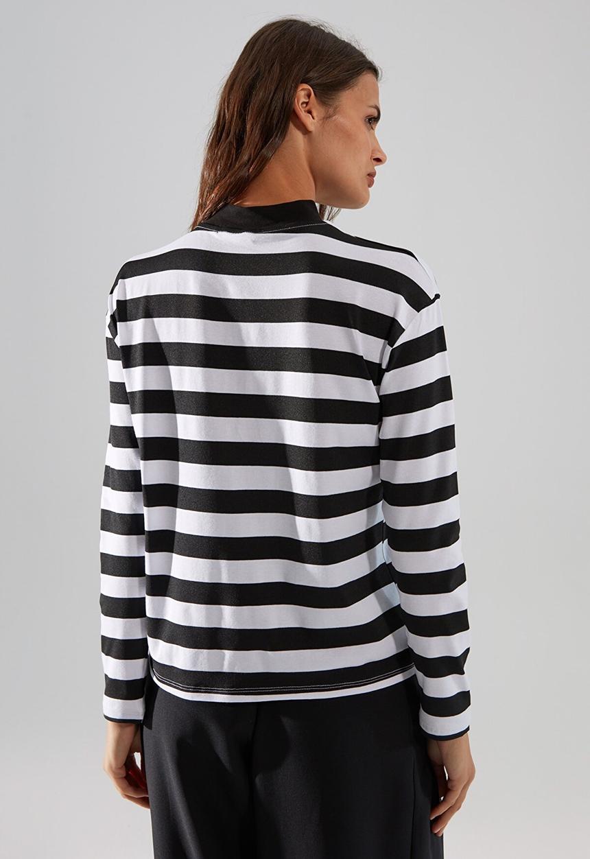 Trendyol - Striped stand up collar knitted top  - black