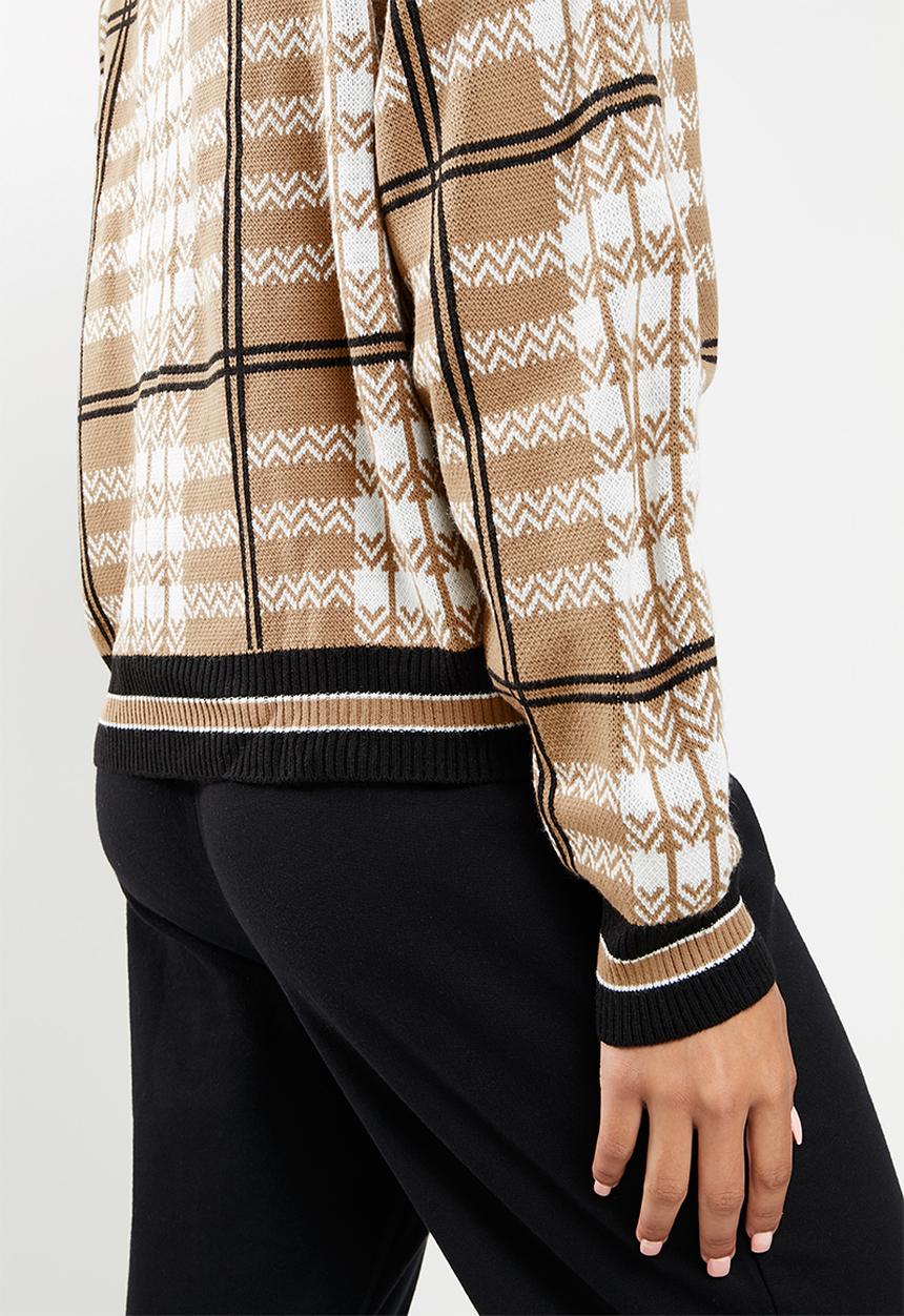 Trendyol - V neck jacquard knit sweater - camel