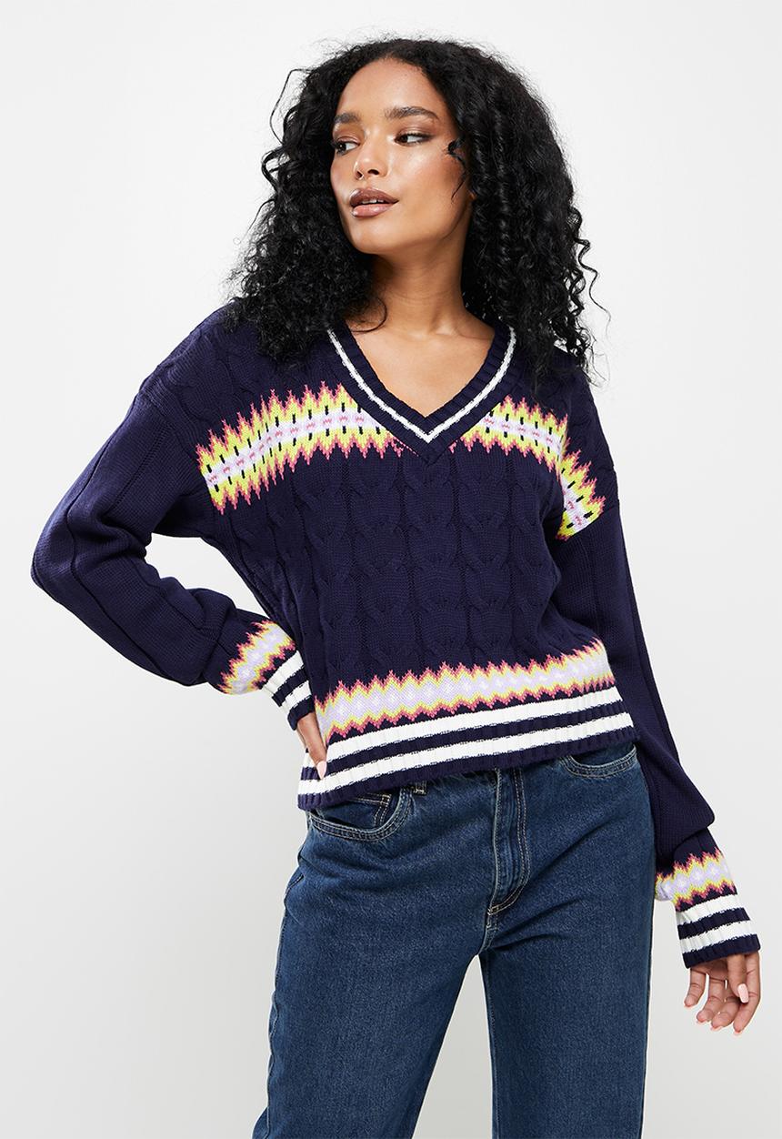 Trendyol - Jacquard v neck knit sweater - navy