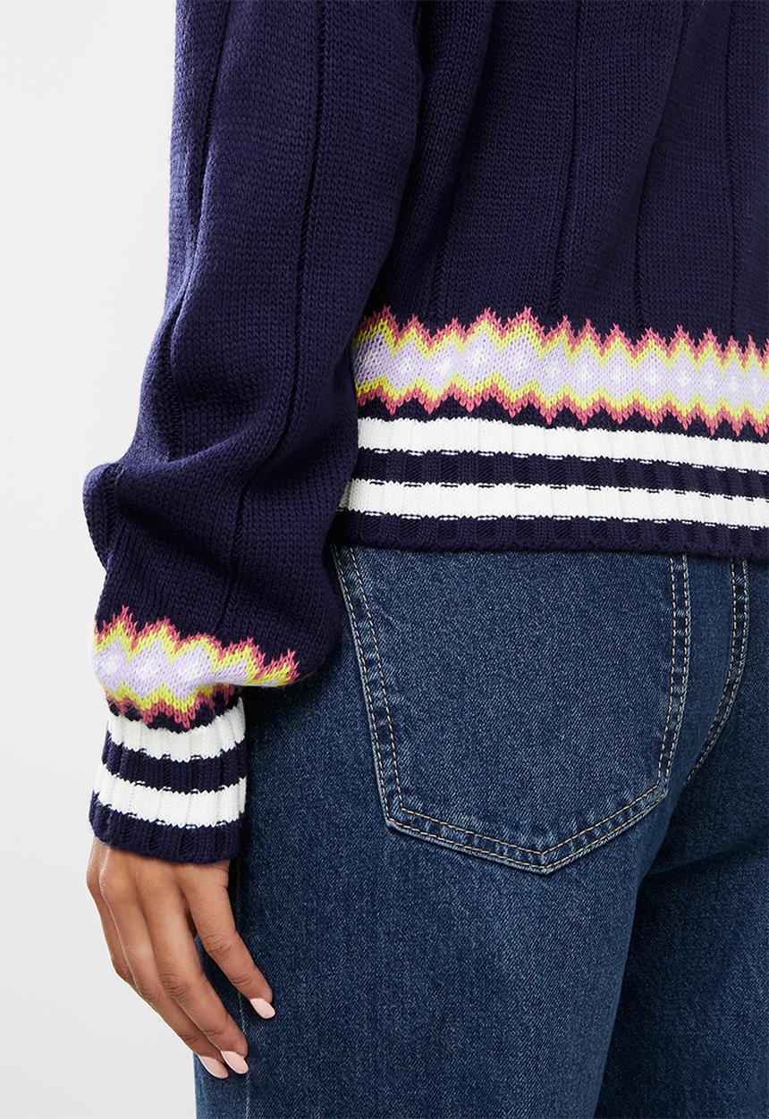 Trendyol - Jacquard v neck knit sweater - navy