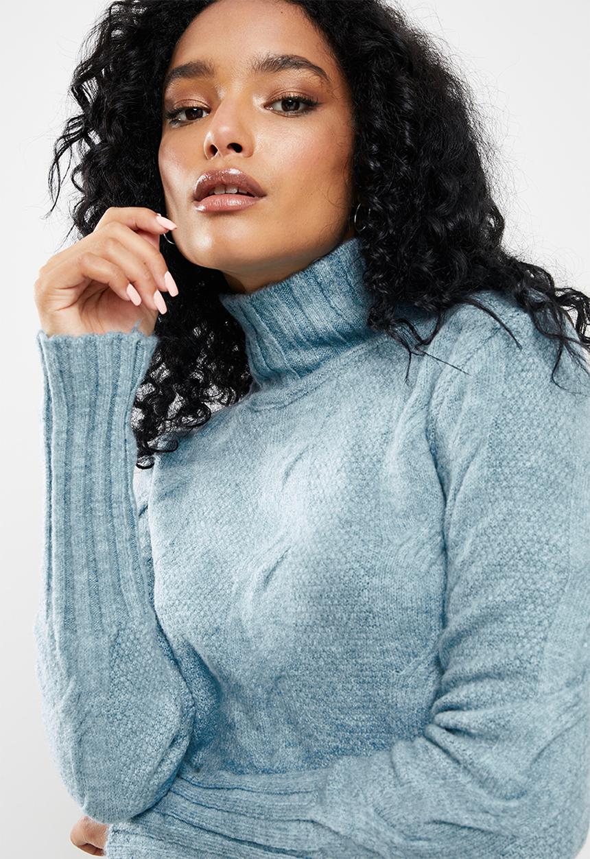 Trendyol - Crop turtleneck knit sweater - blue