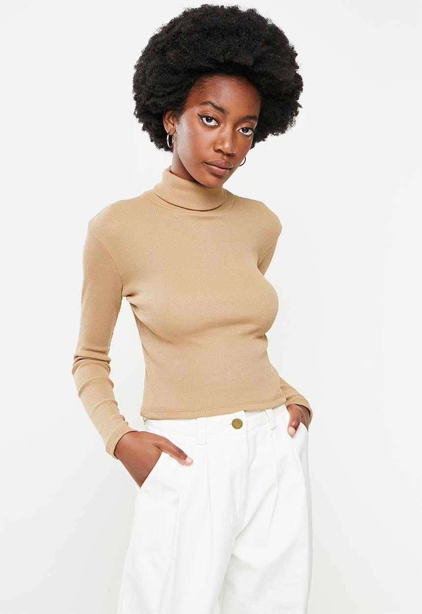 Trendyol - Ribbed turtleneck crop top - mink