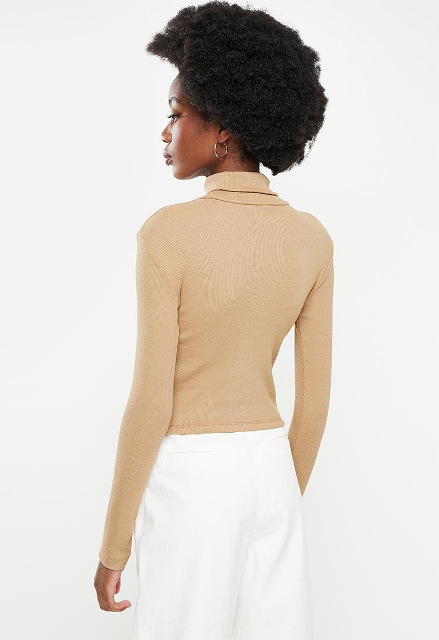 Trendyol - Ribbed turtleneck crop top - mink