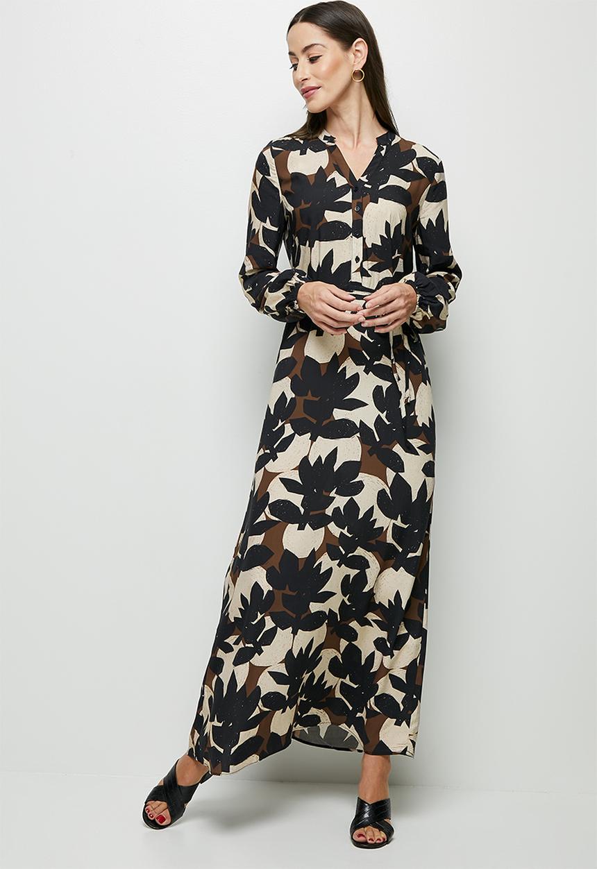 edit - Mandarin collar waisted maxi dress - mono linear leaves