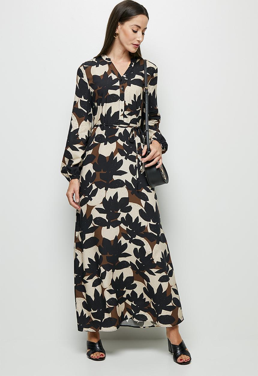 edit - Mandarin collar waisted maxi dress - mono linear leaves