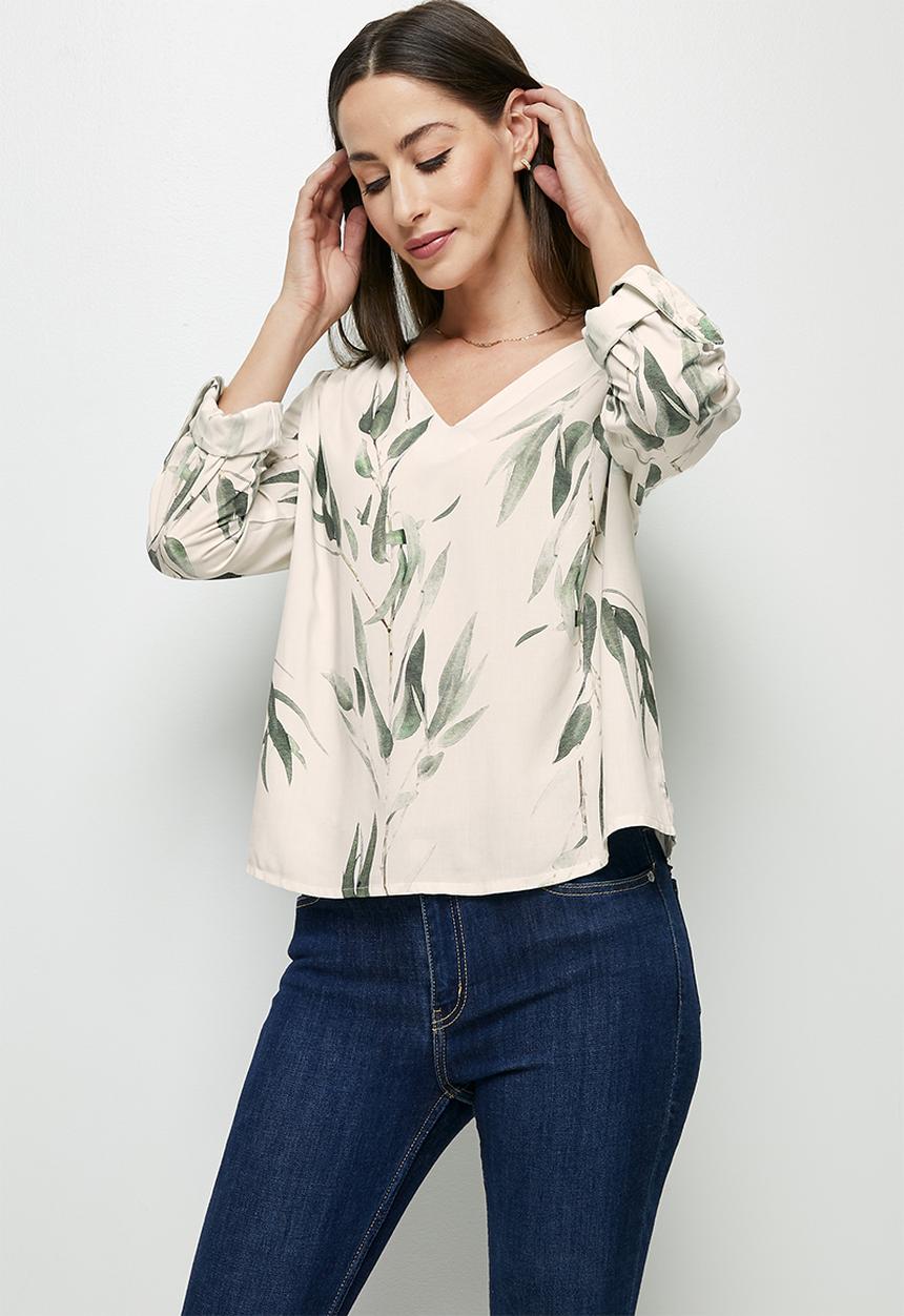 edit - Notch neck roll sleeve blouse - watercolour leaves