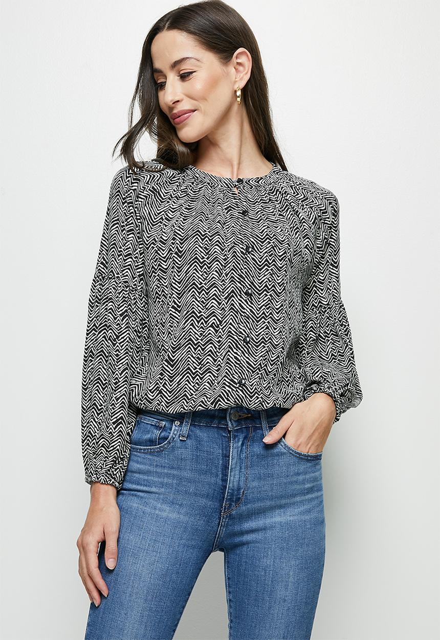 edit - Drop shoulder mandarin shirt - black chevron