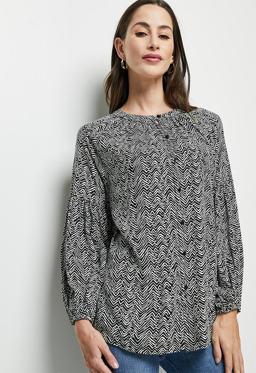 edit - Drop shoulder mandarin shirt - black chevron