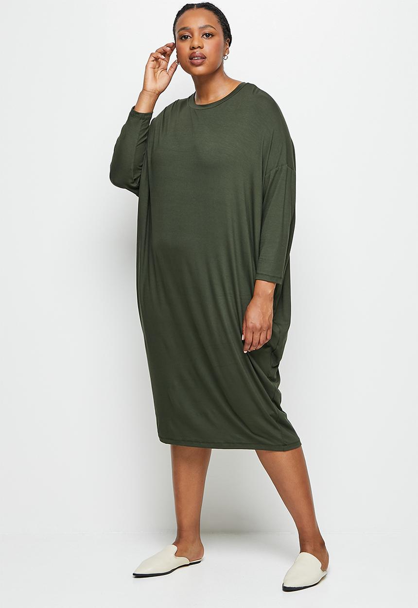 edit Plus - Crew neck knit column midi dress - dark olive