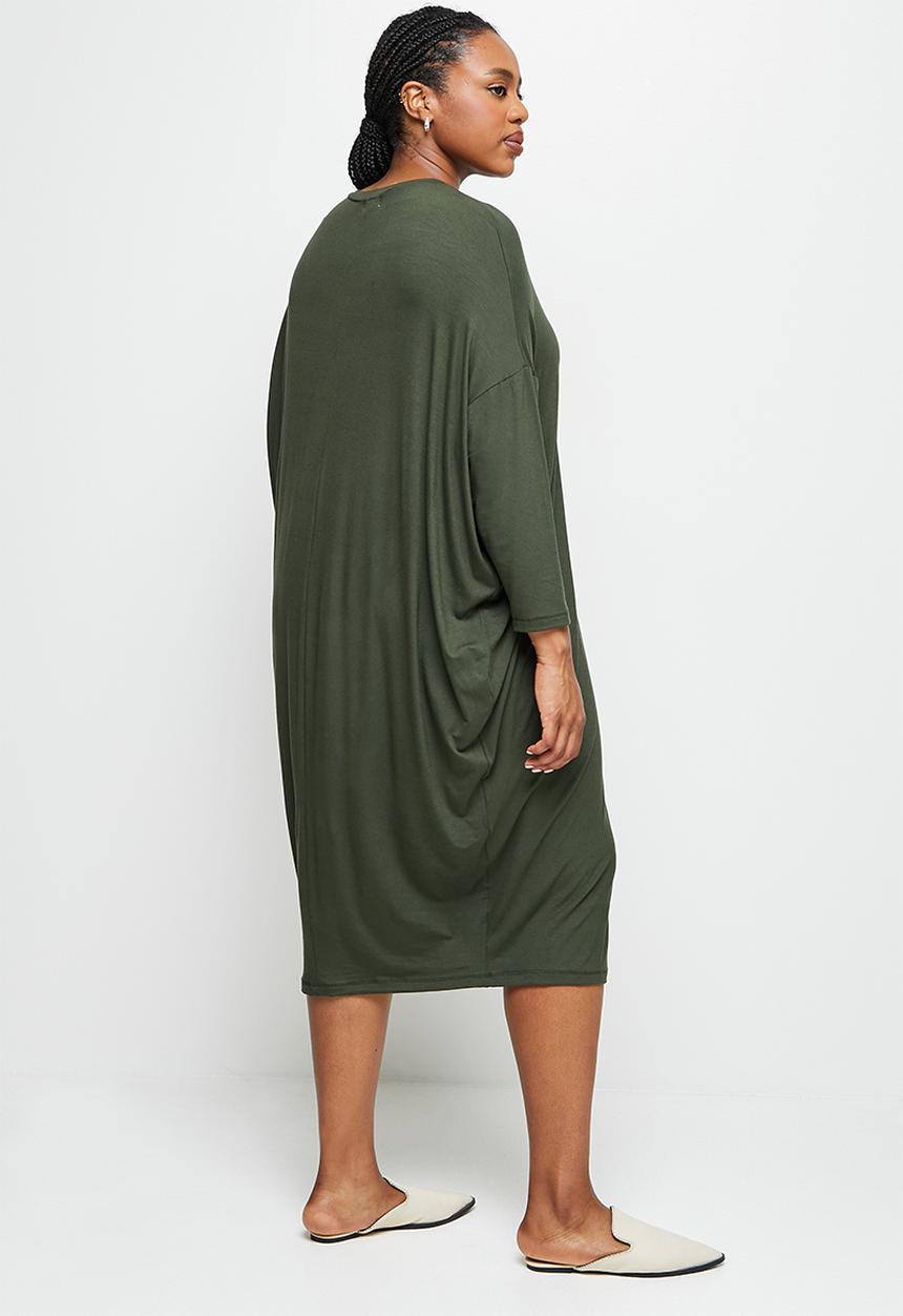 edit Plus - Crew neck knit column midi dress - dark olive