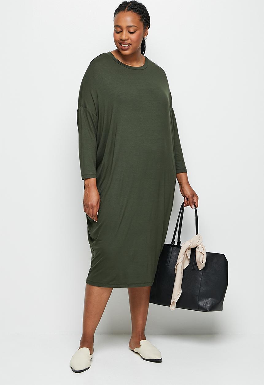 edit Plus - Crew neck knit column midi dress - dark olive