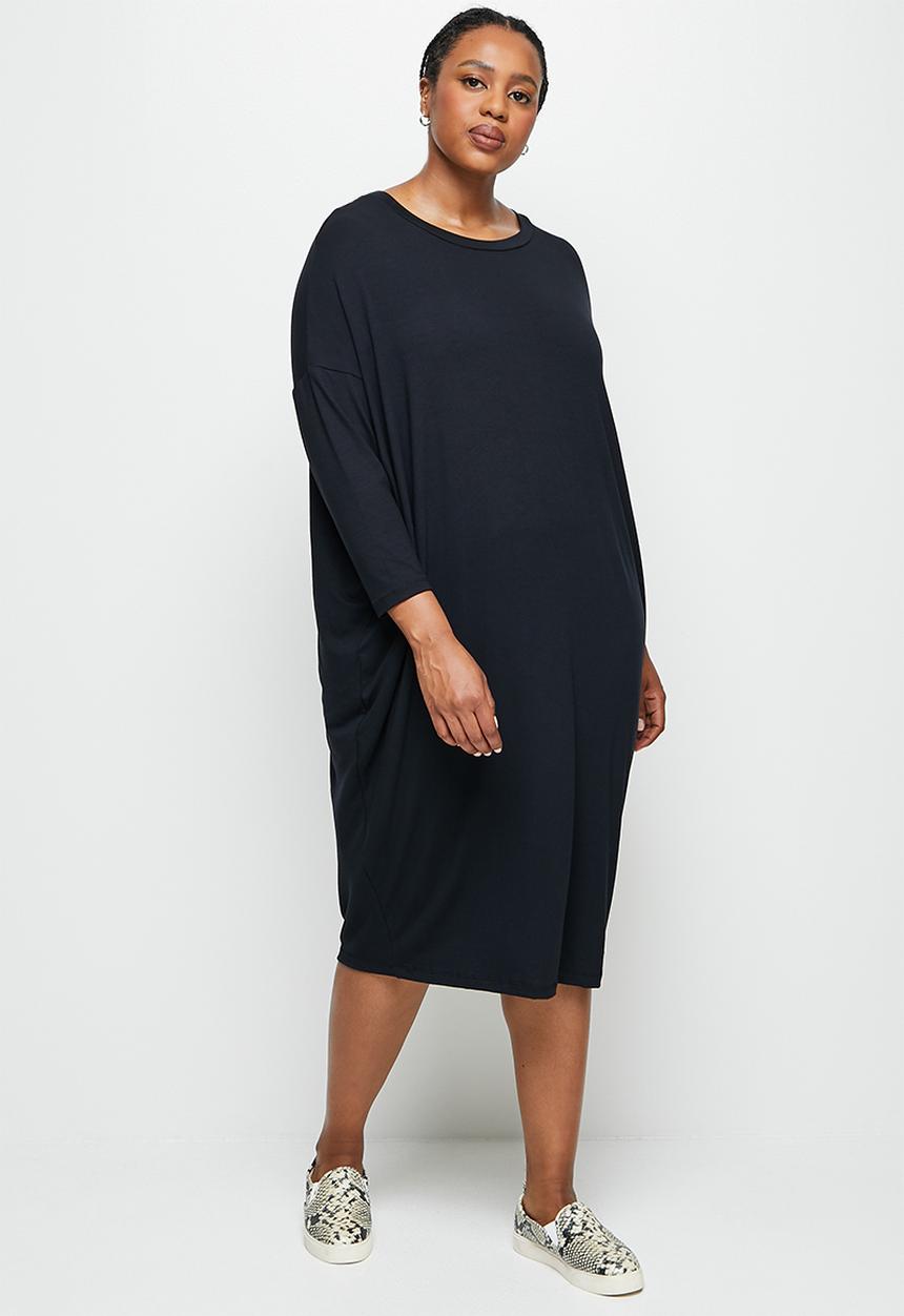 edit Plus - Crew neck knit column midi dress - black
