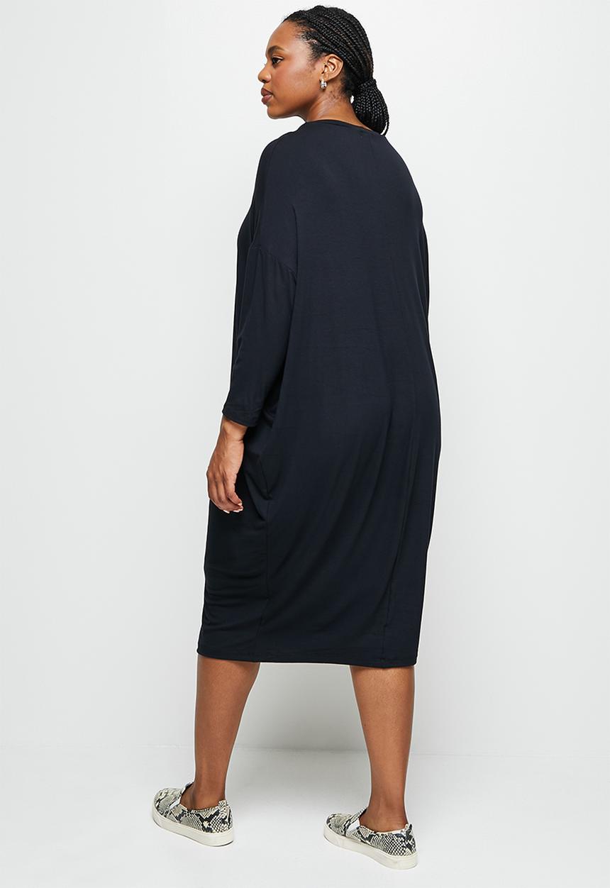 edit Plus - Crew neck knit column midi dress - black