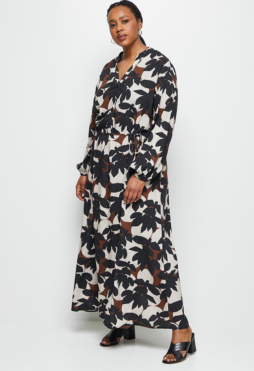 edit Plus - Mandarin collar waisted maxi dress - mono linear leaves