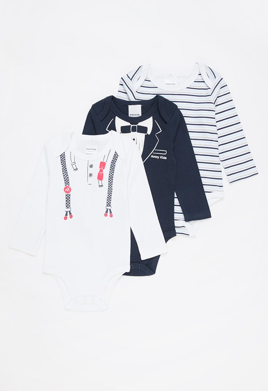 Pop Candy - Baby boys 3 pack printed babygrows - navy & white 