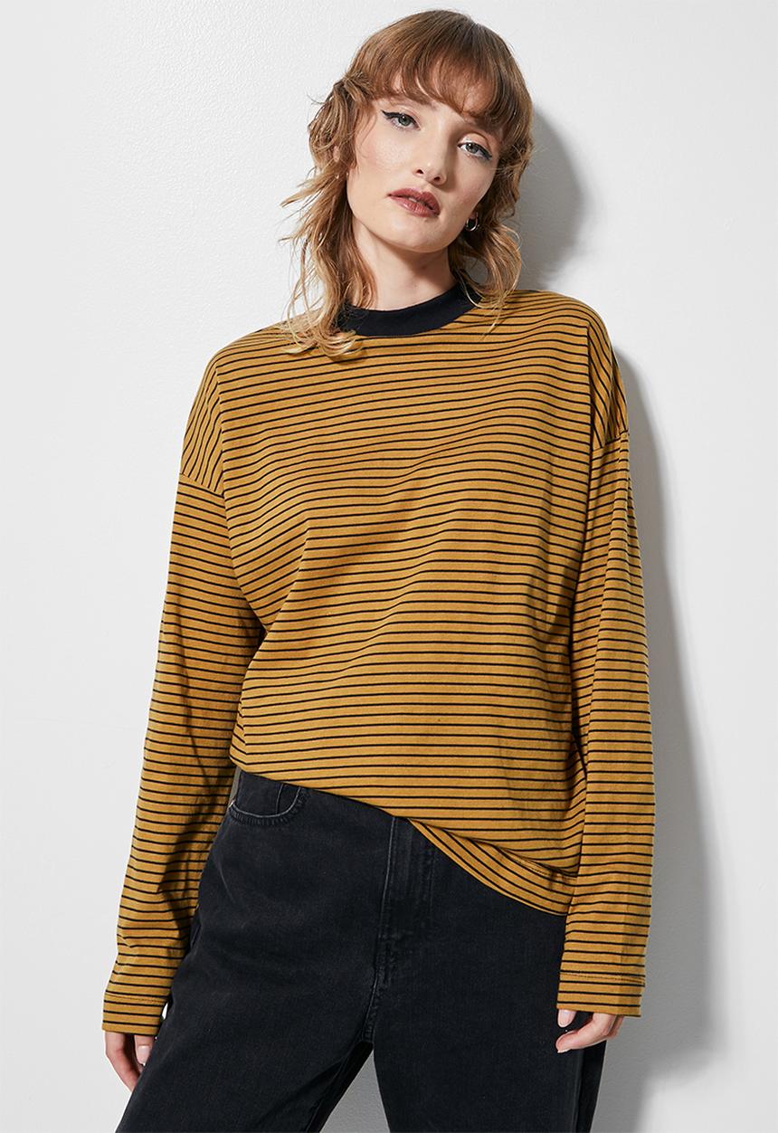 Superbalist - Striped funnel neck tees - tobacco & black stripe