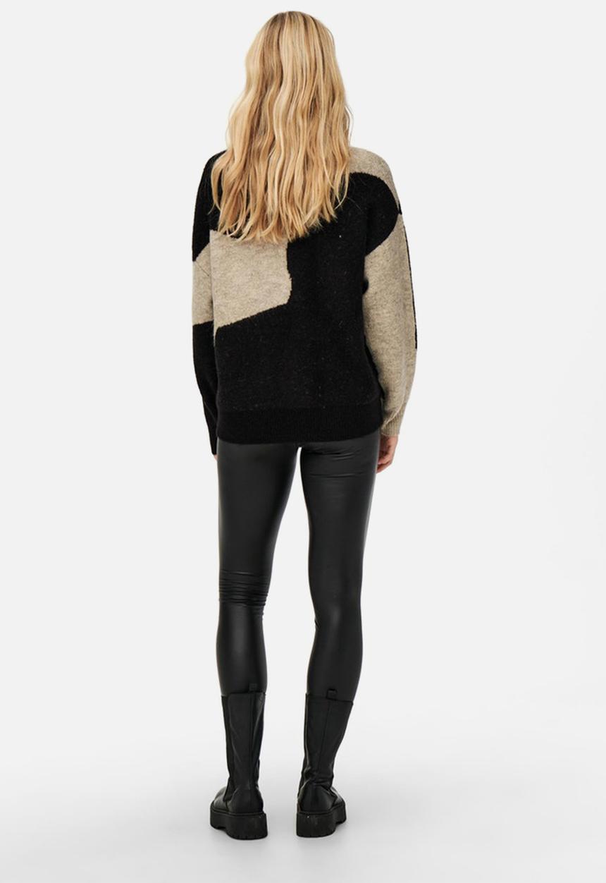 Jacqueline de Yong - Morena long sleeve jacqaurd pullover - black & stone 