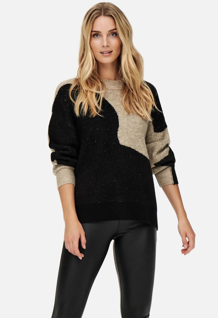 Jacqueline de Yong - Morena long sleeve jacqaurd pullover - black & stone 