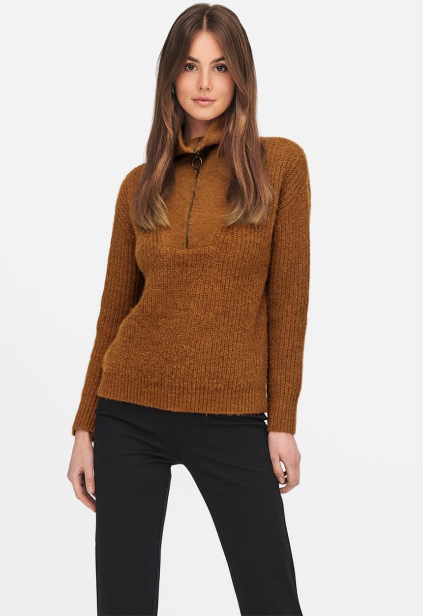 Jacqueline de Yong - Sigrid life long sleeve zip pullover knit - tan