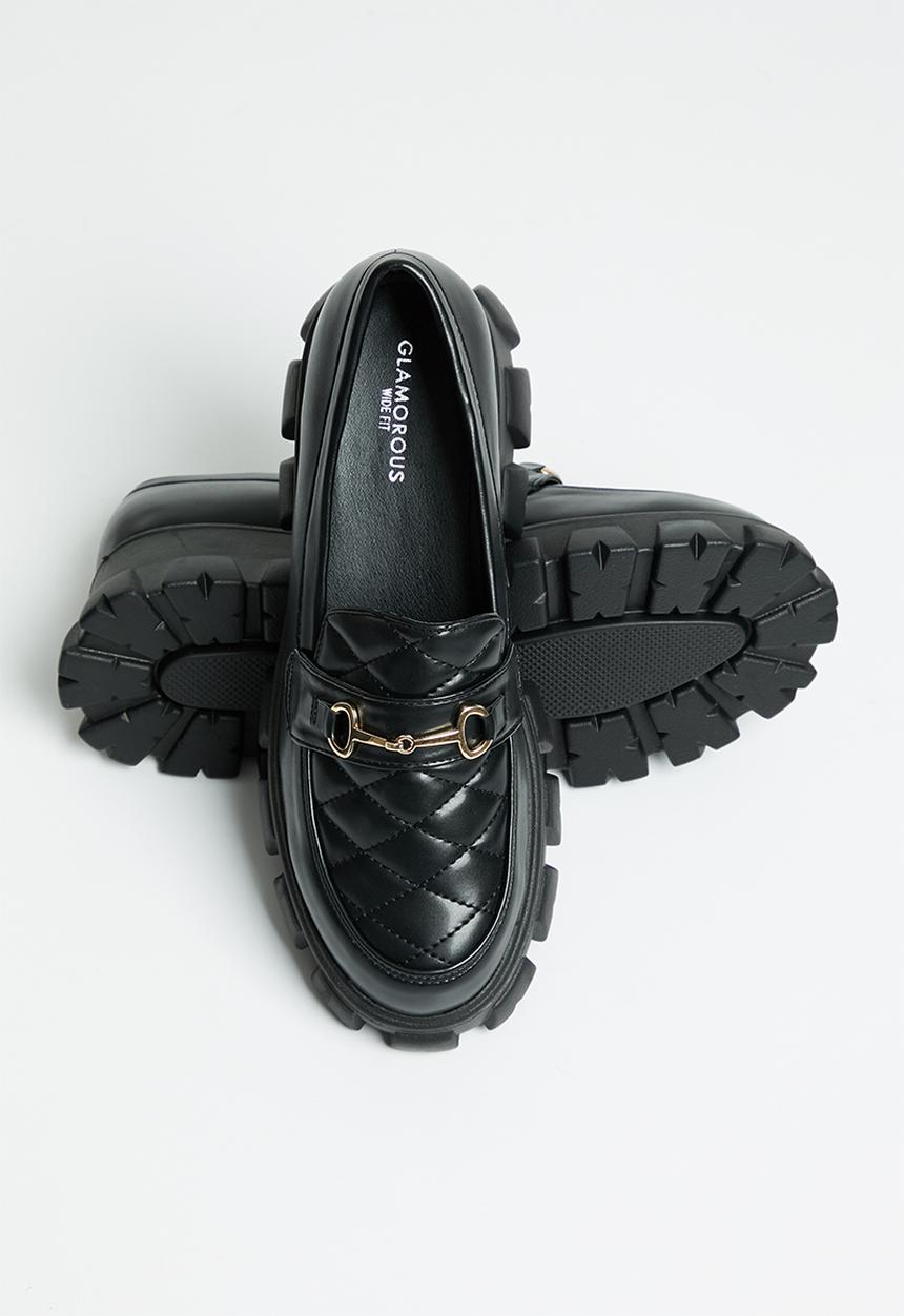 Glamorous - Quilted wide fit lug sole loafer - black