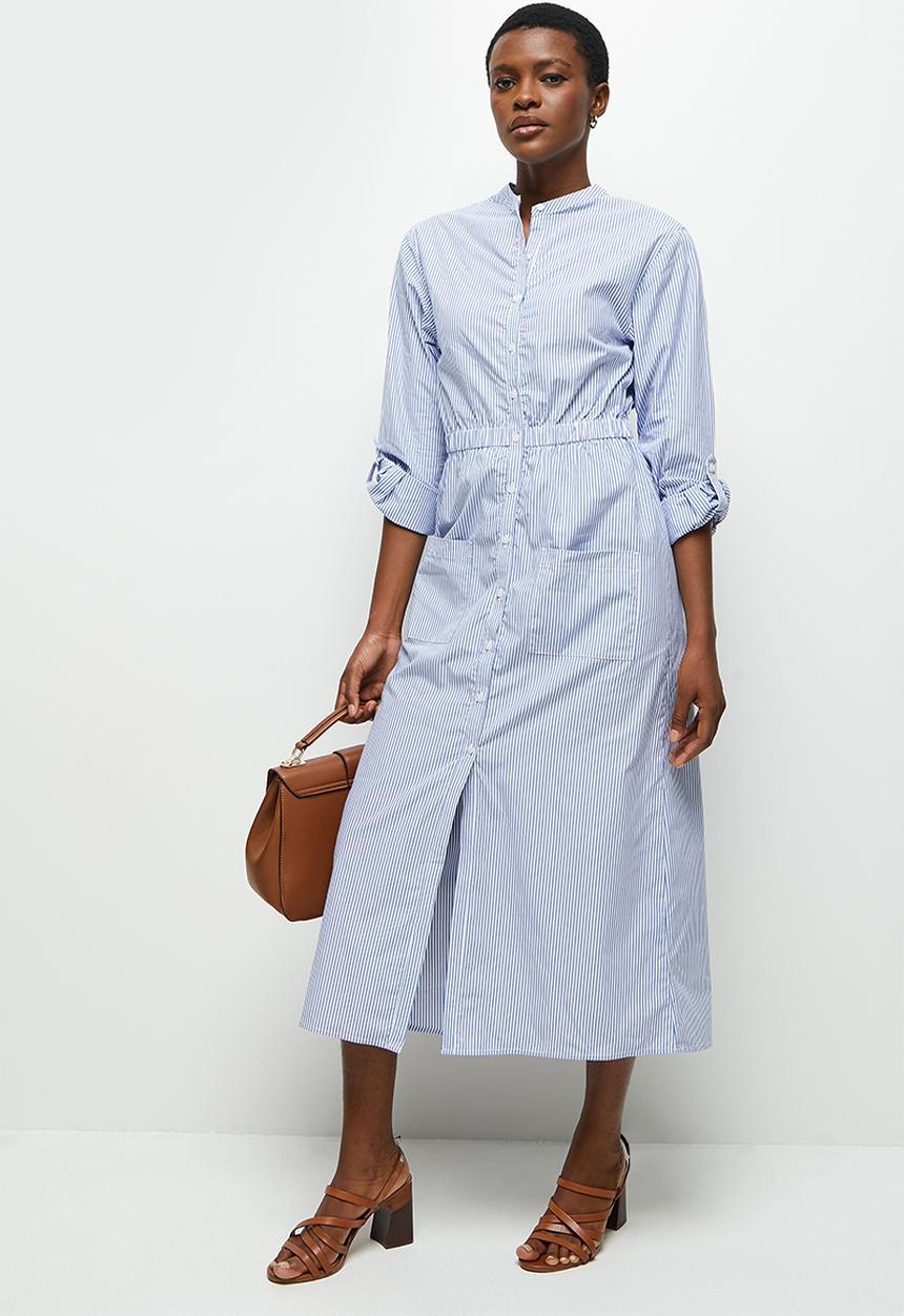 edit - Roll up slv shirt dress - blue & white 