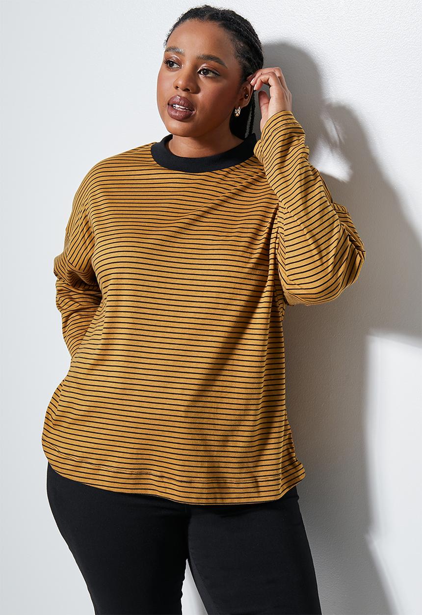 Superbalist - Striped funnel neck tee - tobacco & black stripe