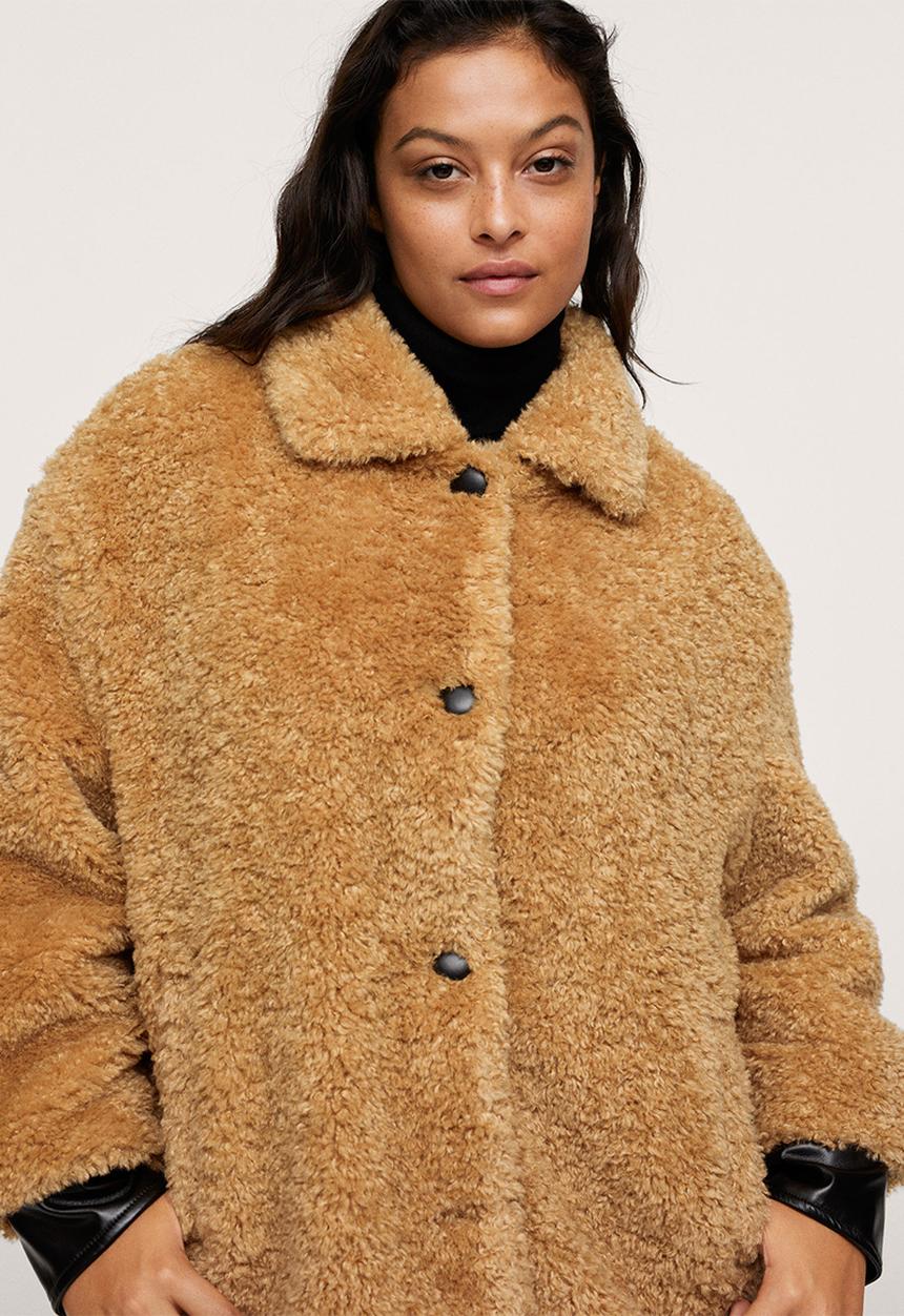 MANGO - Plus coat furry -medium brown