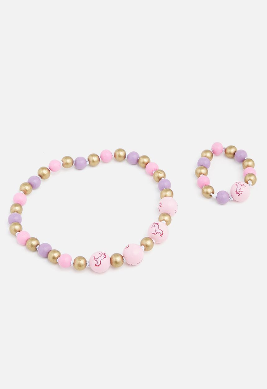 Cotton On - Mixed beaded necklace and bracelet set - purple daydream unicorn