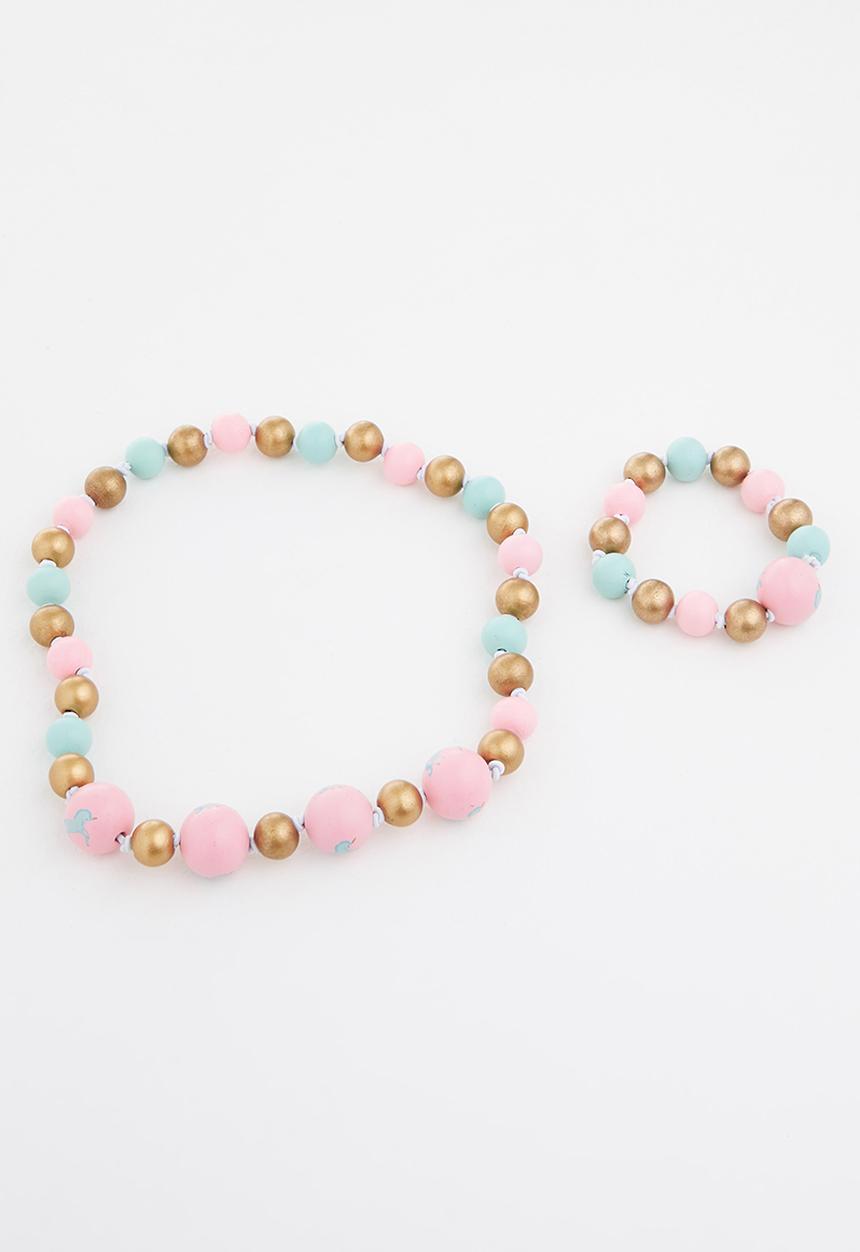 Cotton On - Mixed beaded necklace and bracelet set - pink daydream unicorn