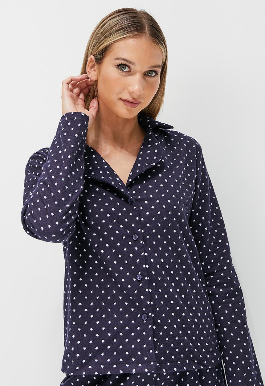 Blake - Flannel ptd long button through sleep set - navy