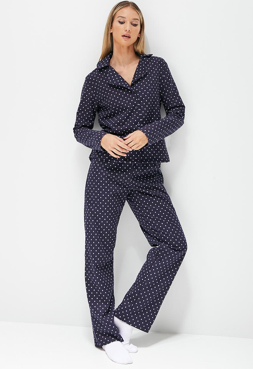 Blake - Flannel ptd long button through sleep set - navy
