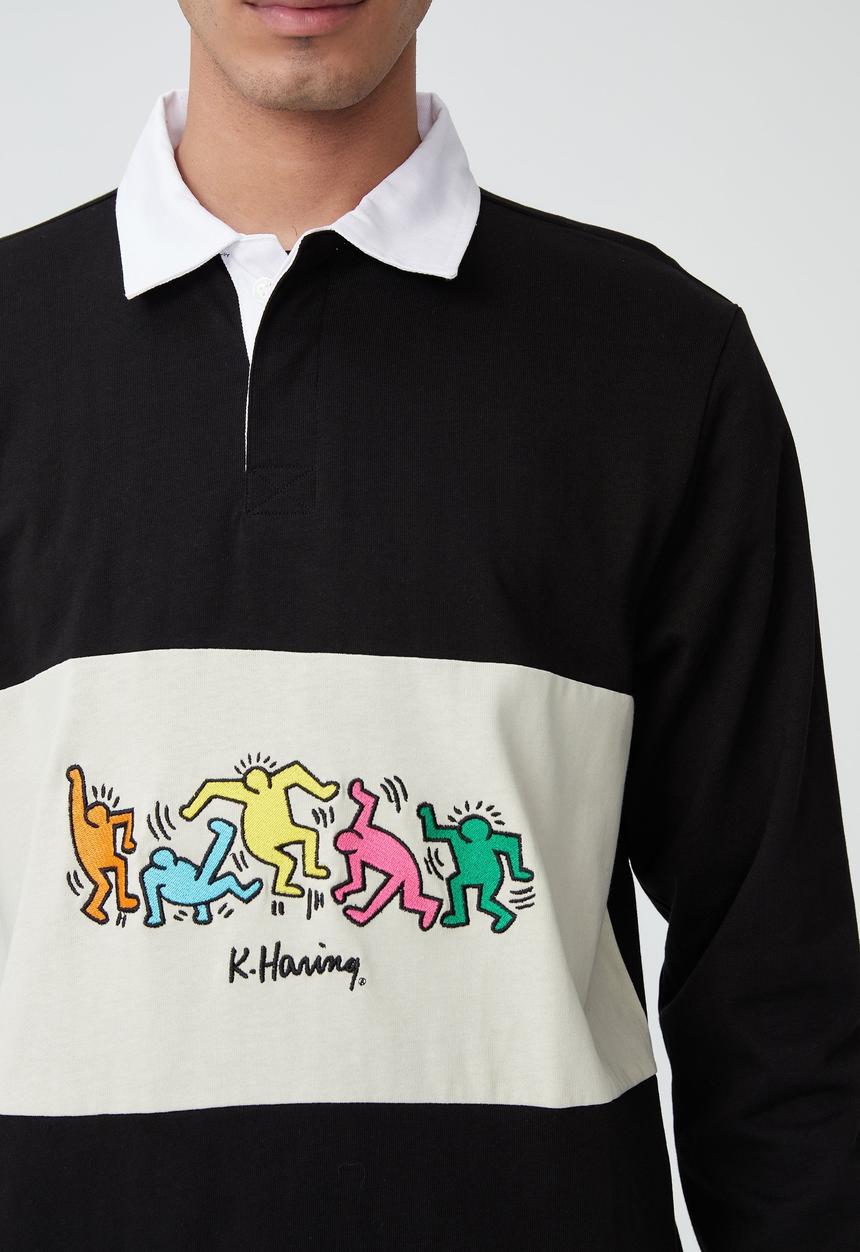 Cotton On - Keith haring rugby polo - black & ivory 