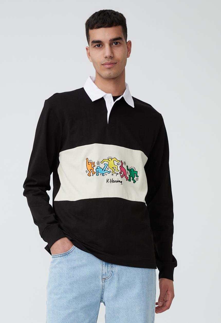 Cotton On - Keith haring rugby polo - black & ivory 